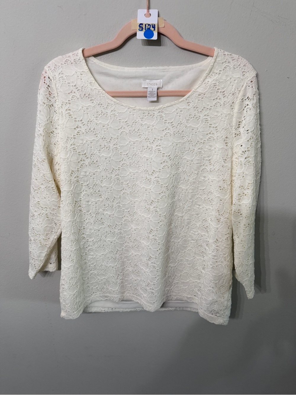 Women’s Chico’s Ivory Floral Lace 3/4 Sleeve Top Size 1 Medium 8/10